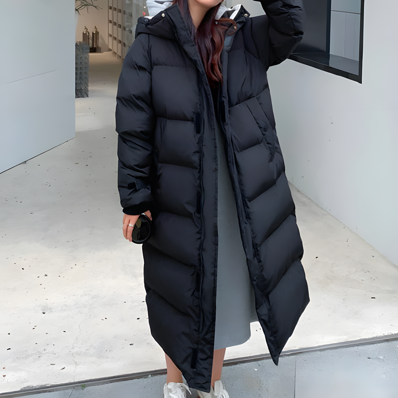 Warm women's long jacket with a modern and elegant design for winter