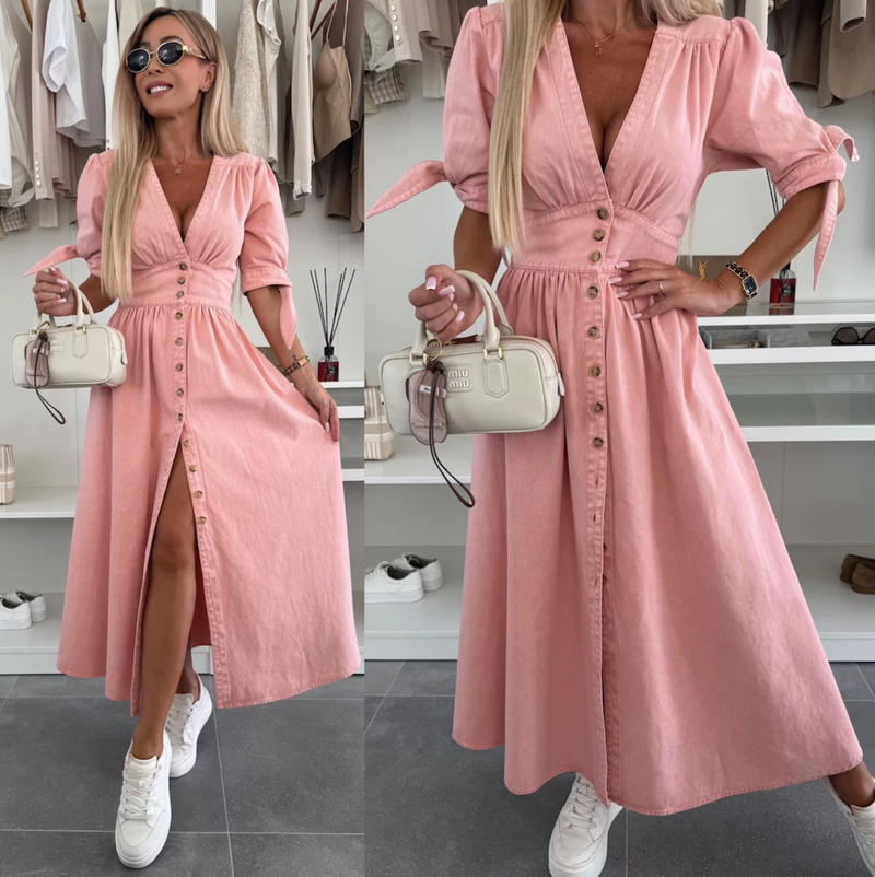 Modern long dress with buttons and short sleeves