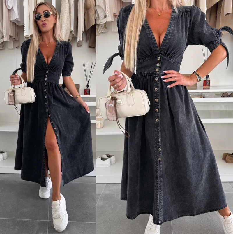 Modern long dress with buttons and short sleeves
