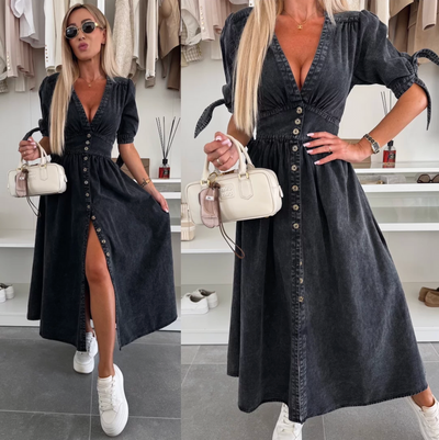 Modern long dress with buttons and short sleeves