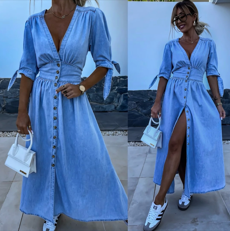 Modern long dress with buttons and short sleeves