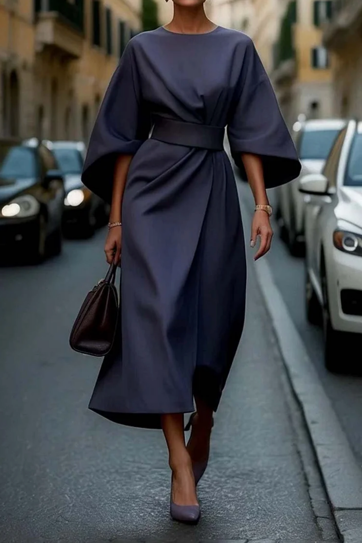 Classically elegant midi dress with full sleeves and adjustable belt