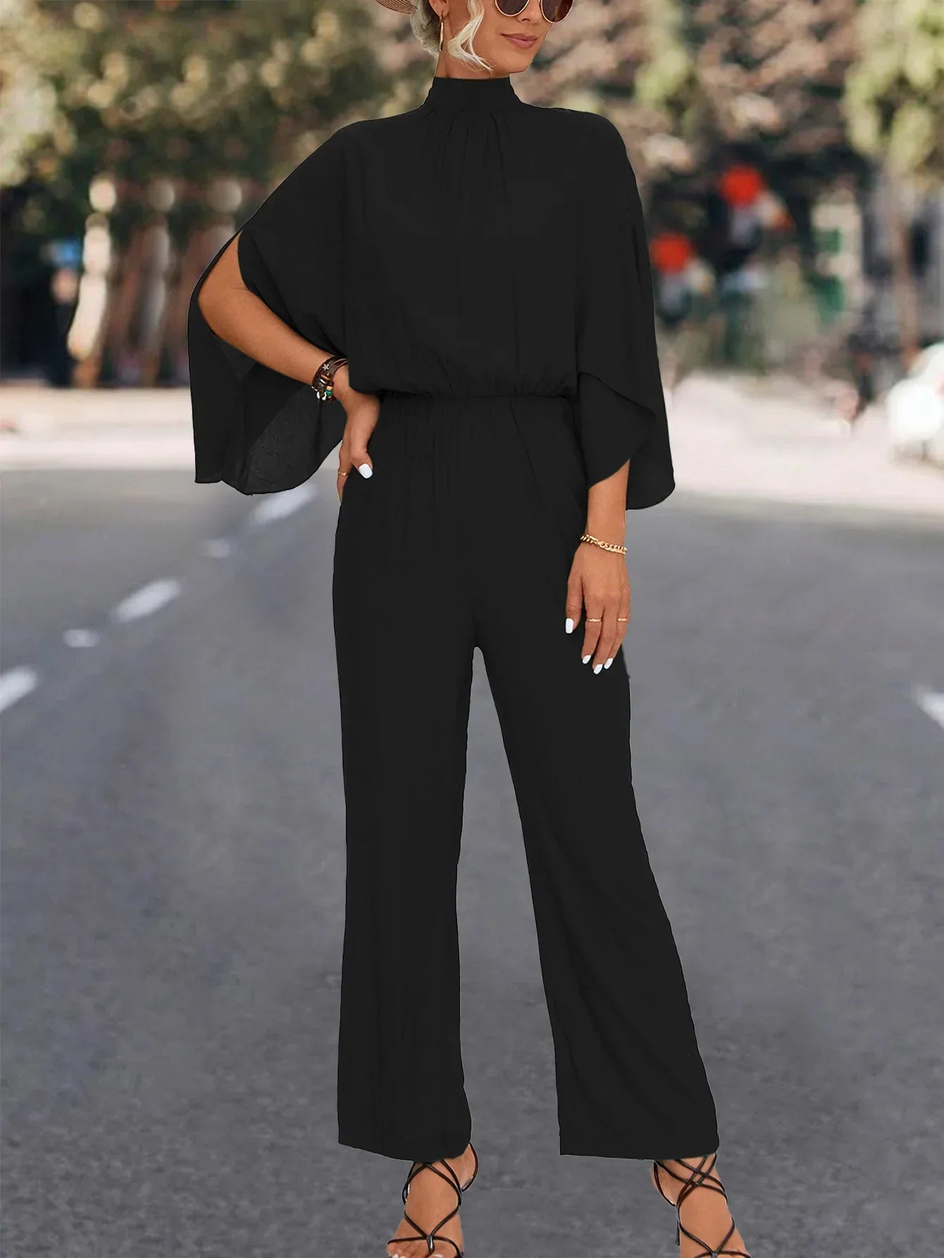 Linda - Long Sleeve Lace Up Jumpsuit with Keyhole Back