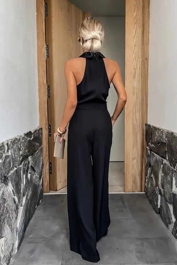 Elegant sleeveless open-back jumpsuit with wide-legged trousers