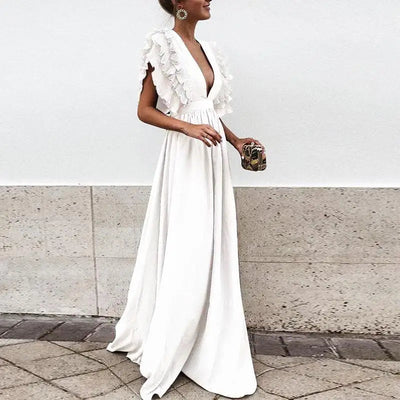 Elegant long dress with a plunging neckline and short ruffled sleeves