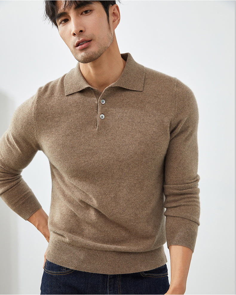 Men's Long-Sleeved Polo Shirt - Elegant Autumn Sweater