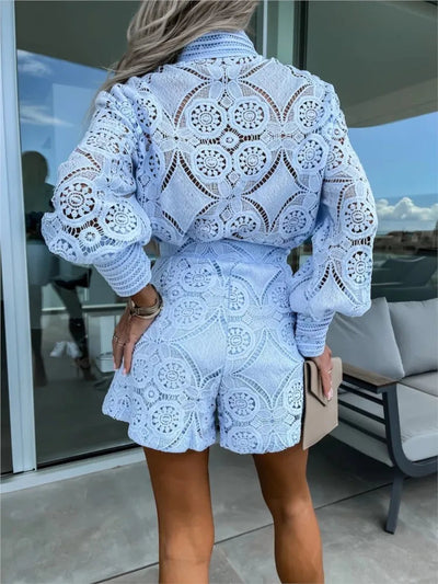 Openwork summer set with long-sleeved blouse and short shorts