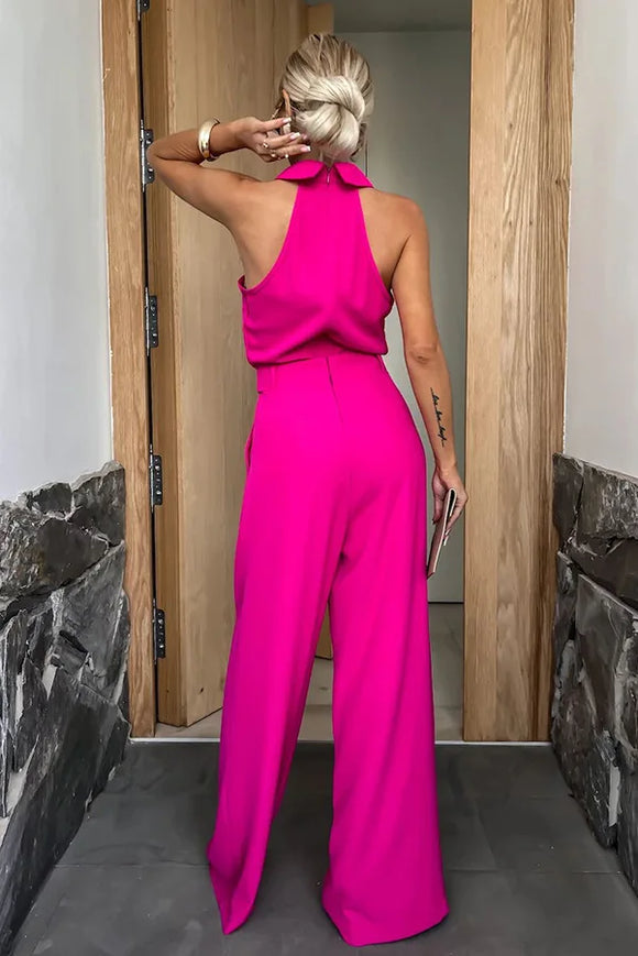 Elegant sleeveless open-back jumpsuit with wide-legged trousers