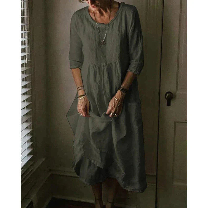 Long summer dress with round neck and short sleeves for daily wear