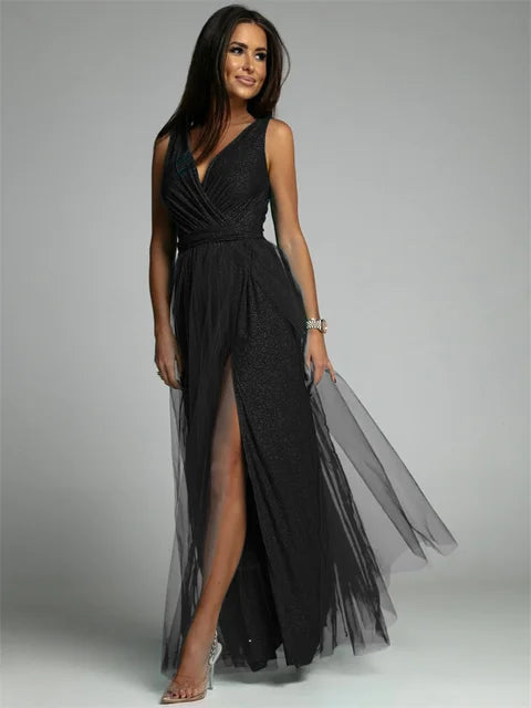 Long evening dress with elegant design and V-neckline