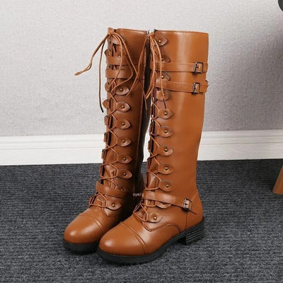 Women's tall boots with stylish lace-up and strap design
