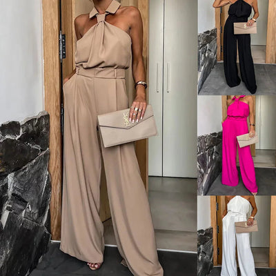 Elegant sleeveless open-back jumpsuit with wide-legged trousers