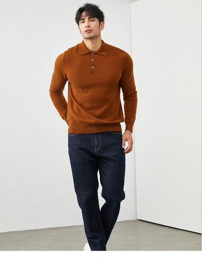 Men's Long-Sleeved Polo Shirt - Elegant Autumn Sweater