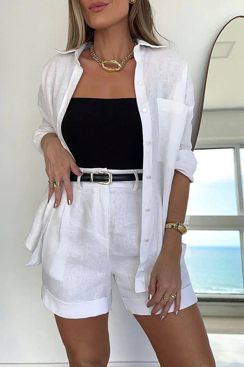 Laura - Solid Blouse and Belted Shorts