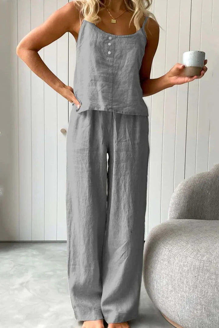 Chloe - Solid Color Cotton Strappy Long Pants Set