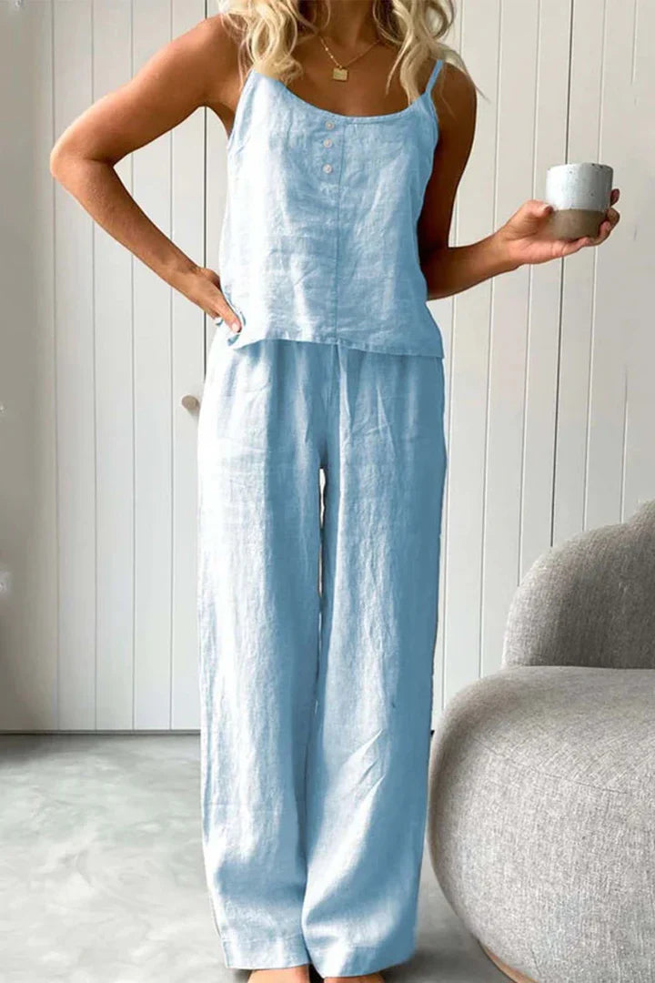 Chloe - Solid Color Cotton Strappy Long Pants Set