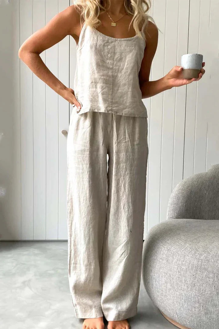 Chloe - Solid Color Cotton Strappy Long Pants Set