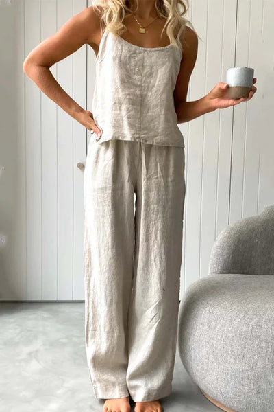 Chloe - Solid Color Cotton Strappy Long Pants Set