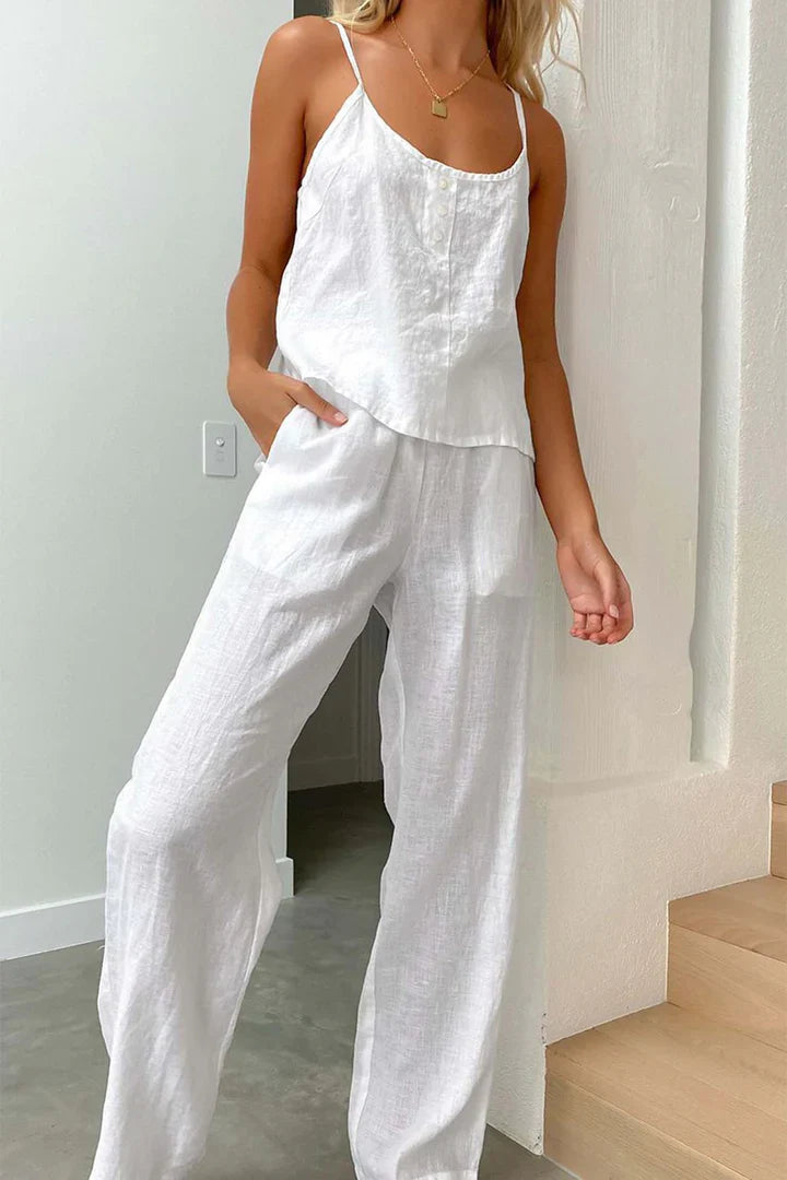 Chloe - Solid Color Cotton Strappy Long Pants Set
