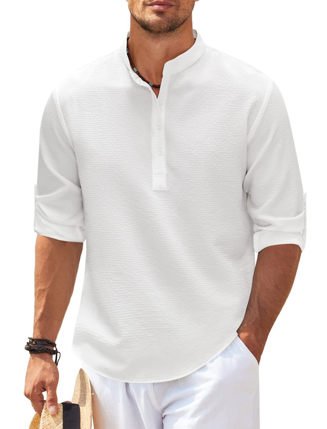 Men's casual summer T-shirt with high neck and half button closure