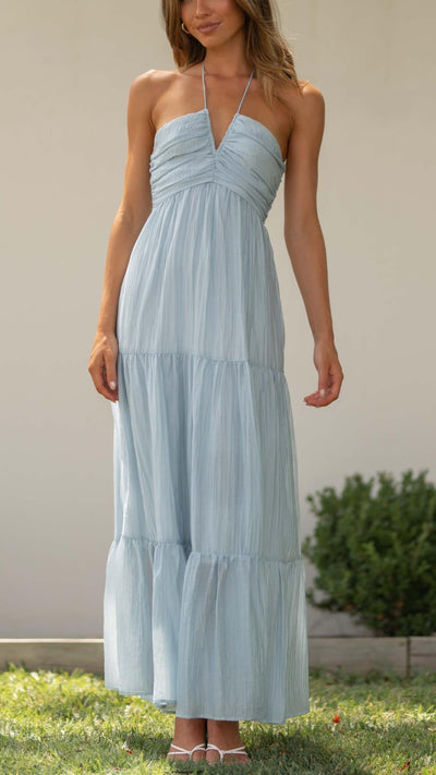 Karla - Bright and Ethereal Blue Sheer Halter Long Dress