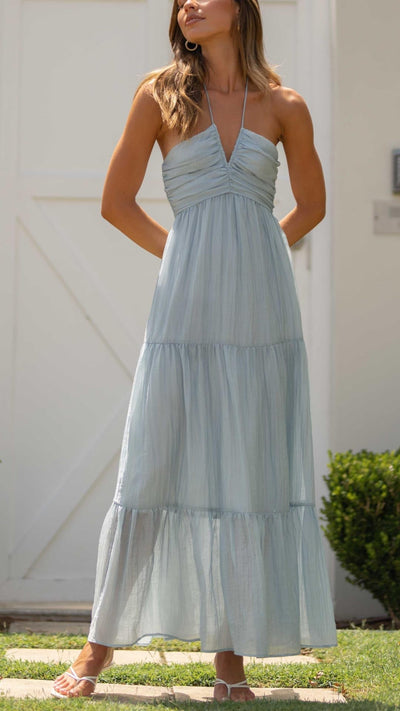 Karla - Bright and Ethereal Blue Sheer Halter Long Dress