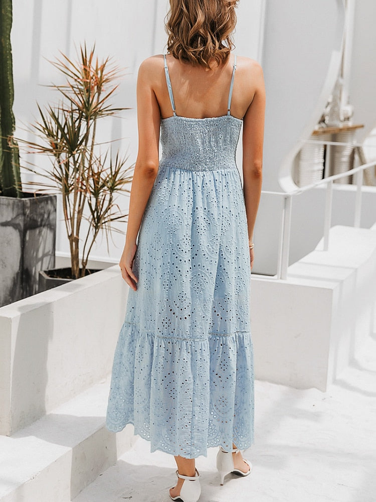 Long summer dress with thin straps and elegant style