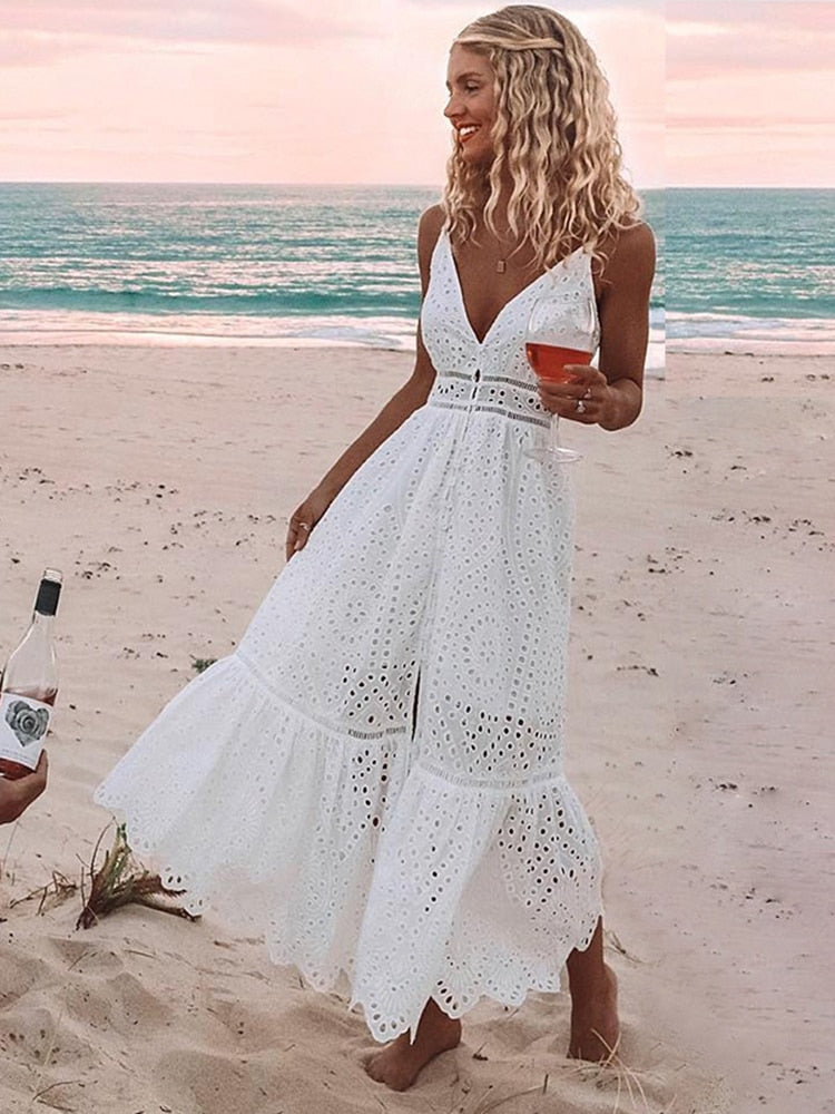 Long summer dress with thin straps and elegant style