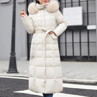 Women's warm long jacket with hood and modern design