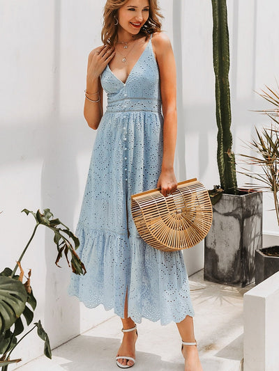 Long summer dress with thin straps and elegant style