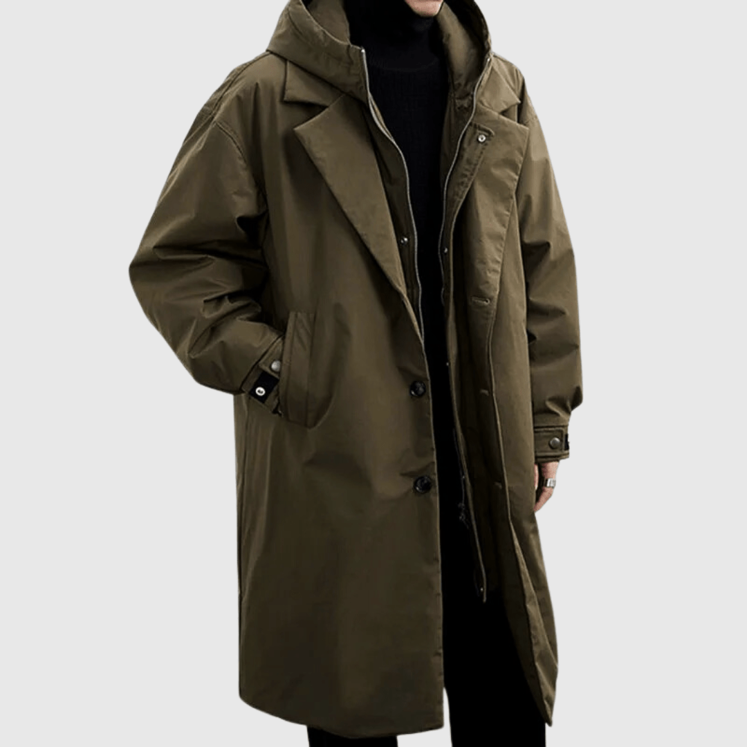 Men's sport coat with deep hood and elegant double collar