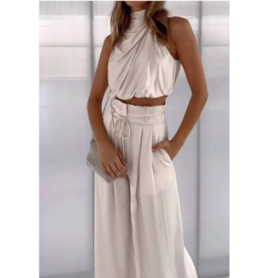 Women's summer set with elegant collared top and flared pants