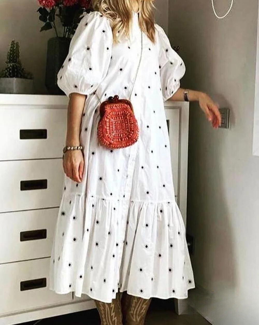 Elisa - Long dress with short puffed sleeves