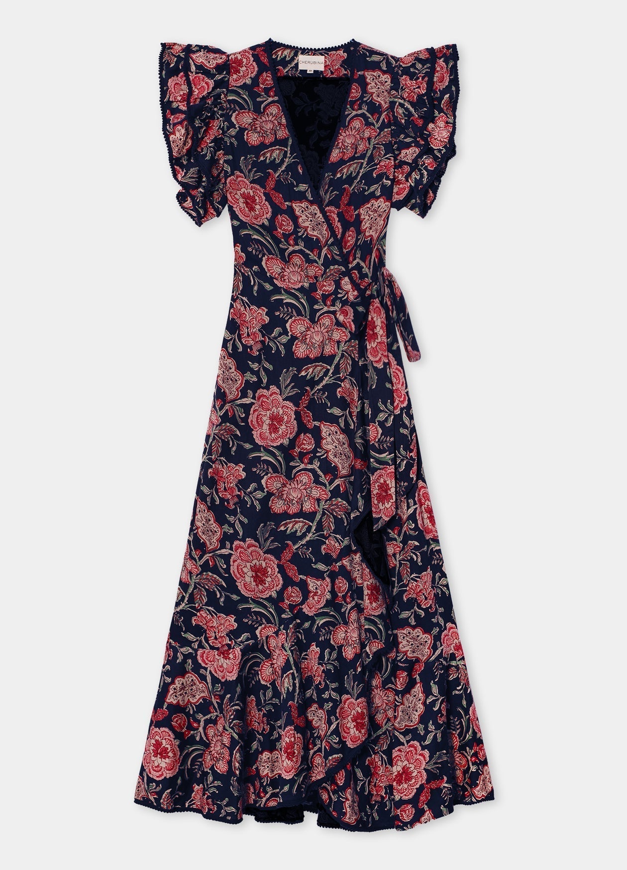 Elegant midi dress with retro floral print and loose butterfly sleeves