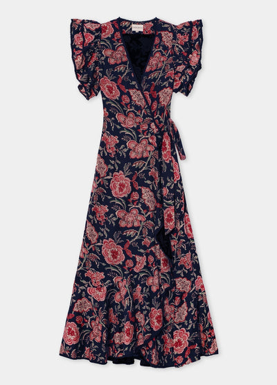 Elegant midi dress with retro floral print and loose butterfly sleeves