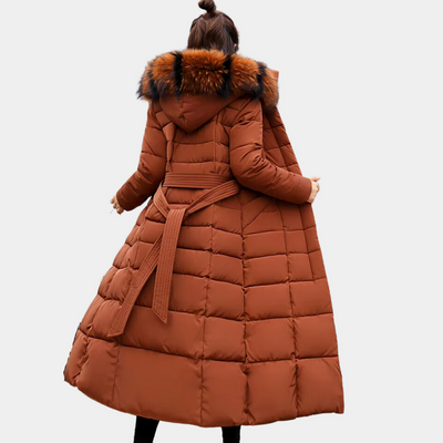 Women's warm long jacket with hood and modern design