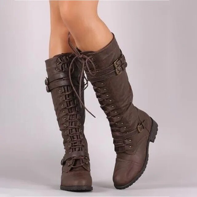 Women's tall boots with stylish lace-up and strap design