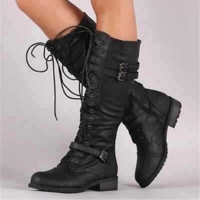 Women's tall boots with stylish lace-up and strap design