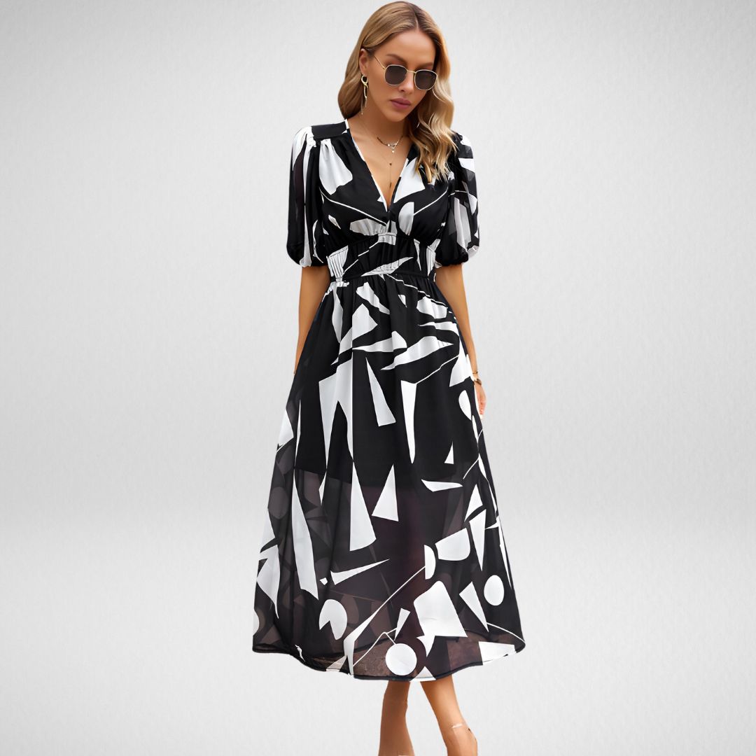 Geometric print midi dress with short lantern sleeves