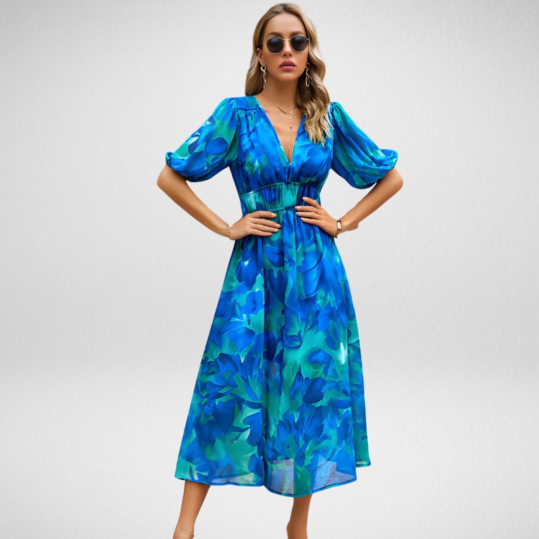 Geometric print midi dress with short lantern sleeves