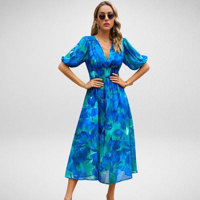 Geometric print midi dress with short lantern sleeves