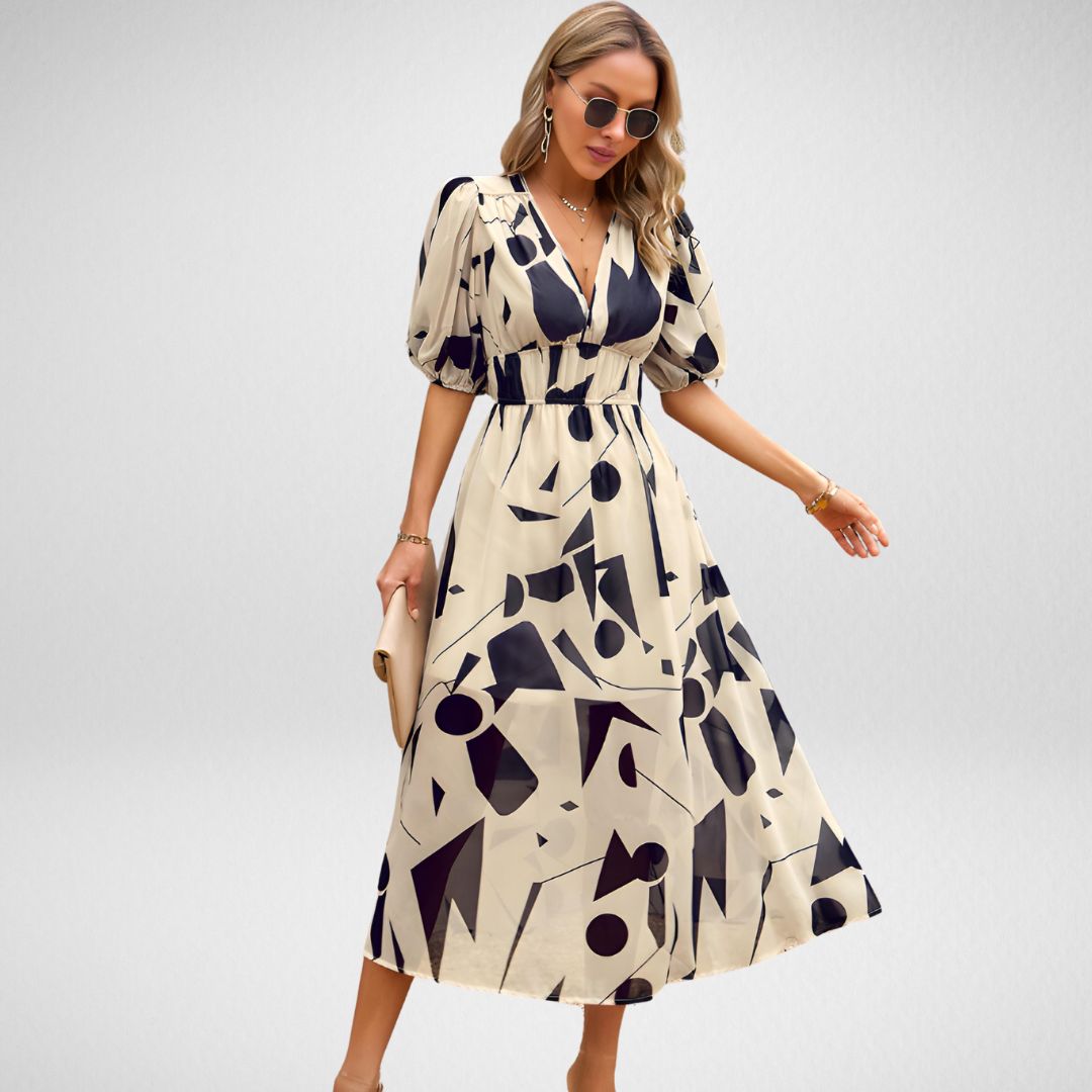 Geometric print midi dress with short lantern sleeves