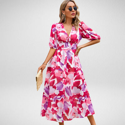 Geometric print midi dress with short lantern sleeves