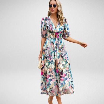 Geometric print midi dress with short lantern sleeves