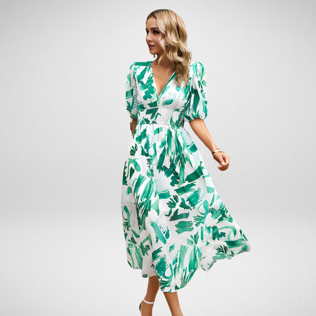 Geometric print midi dress with short lantern sleeves