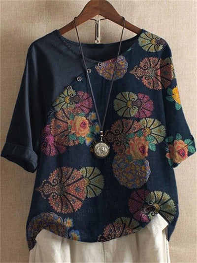 Linda - Women's Short-Sleeved Button-Down Shirt with Floral Motif