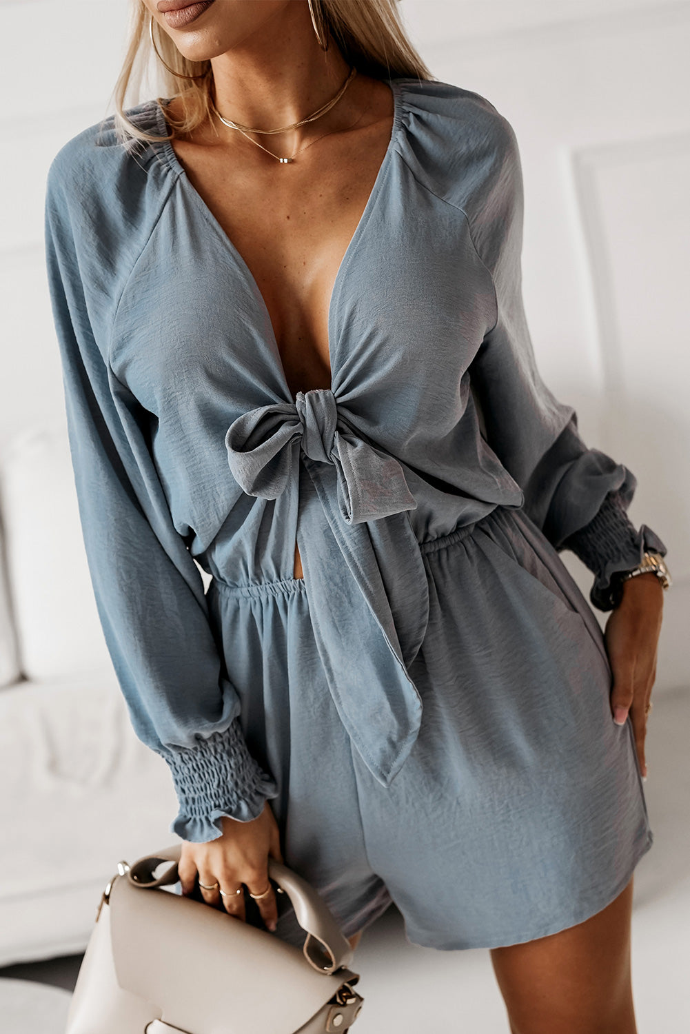 Linda - Deep V-neck Jumpsuit with Tied Ruffle Sleeves