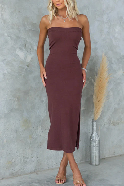 Strapless midi dress with side slit, ideal for elegant events and outings