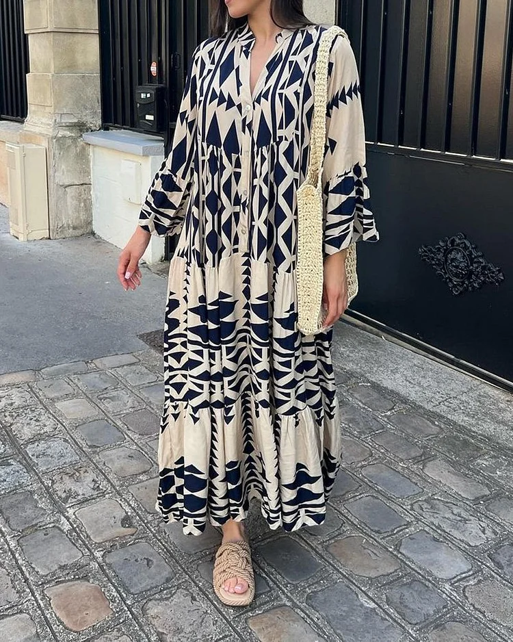 Kimy Women's Fashion, Casual, V-Neck, Long Sleeve, Printed Dress