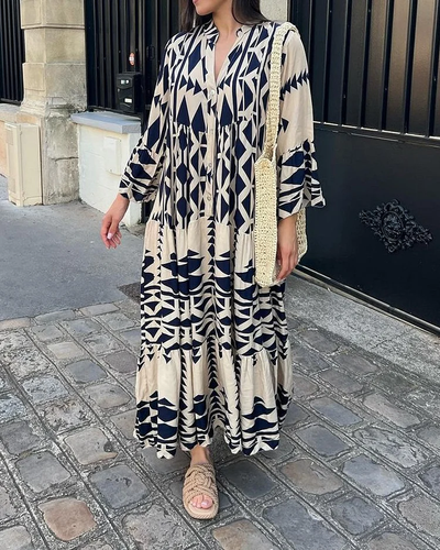 Kimy Women's Fashion, Casual, V-Neck, Long Sleeve, Printed Dress